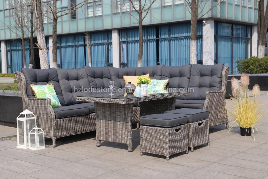 Hot Sale Modern Luxury Recliner Sofa Outdoor Lounge Rattan Garden Furniture Aluminum Rattan Corner Sofa Set with High Table Two Stool and Pump Function